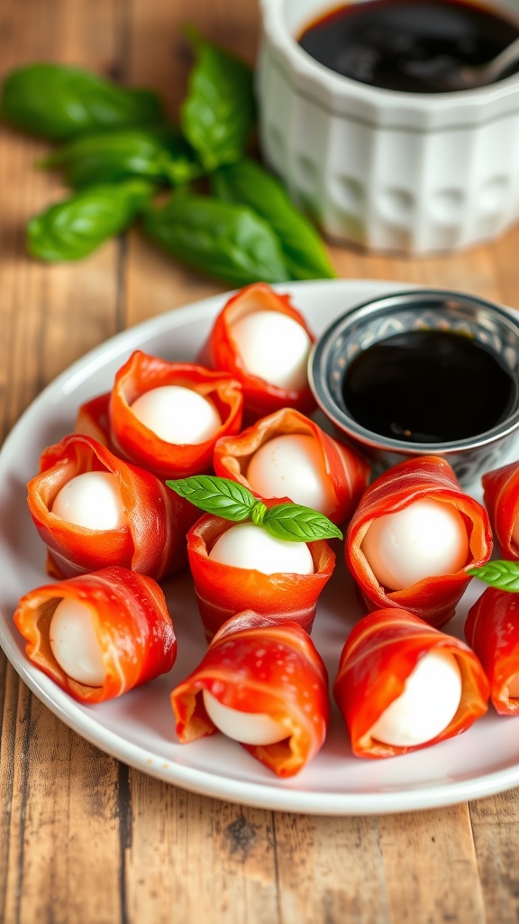 A delicious appetizer of prosciutto wrapped mozzarella balls garnished with basil on a rustic wooden table.